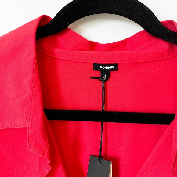 NWT Monrow V-Neck Poplin Button Down Long Sleeve Shirt Pink Womens Large - Picture 2 of 11